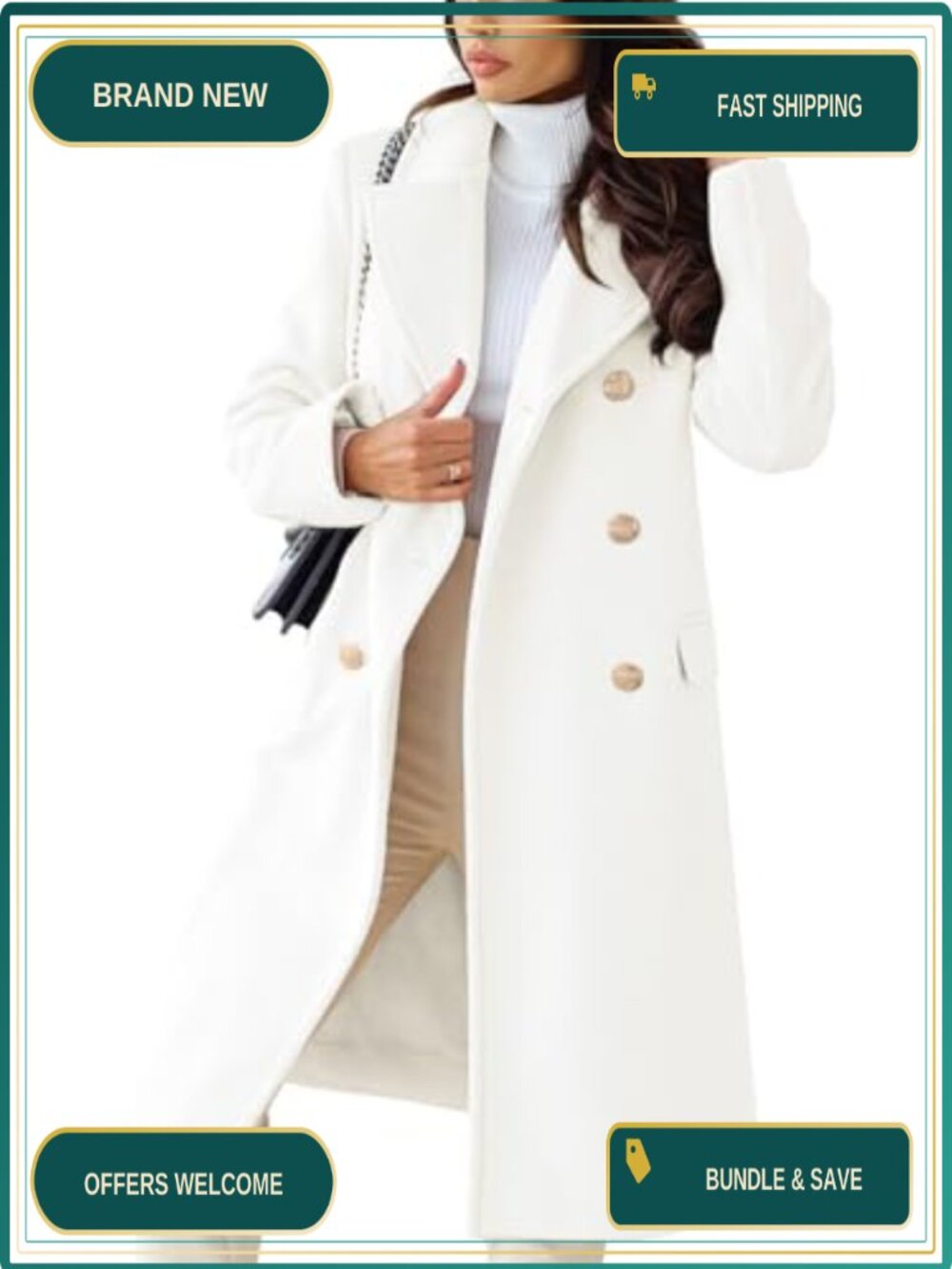 Wool Blend Double-Breasted Long Trench Coat Winter Pea Coat